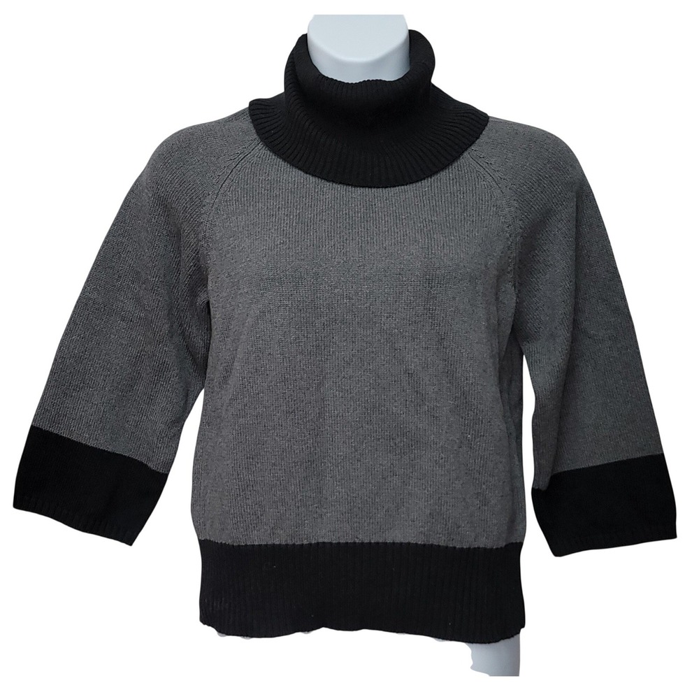 Karen Scott Womens Cotton Gray Black Contrast Trim Mock Turtleneck Sweater  Sz L